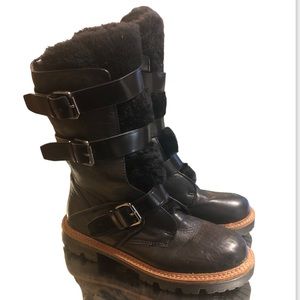 Womens Size 7 Black Triple Buckle Strap Tall Combat Winter Fur Faux Leather Boot